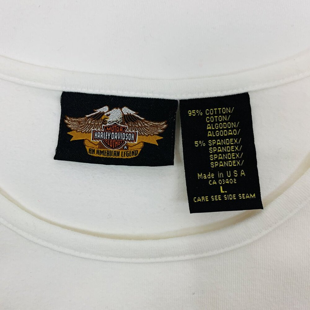 Harley Davidson White Baby Tee Womens Large Y2K Black Embroidered Logo Stretch - Picture 8 of 8